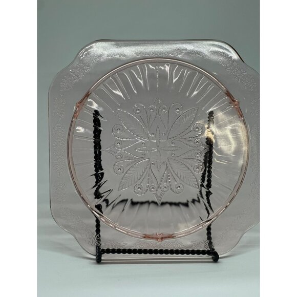 VTG Jeannette Glass Co. Adam Pink Footed Cake Plate Depression Floral Etching - Picture 3 of 9